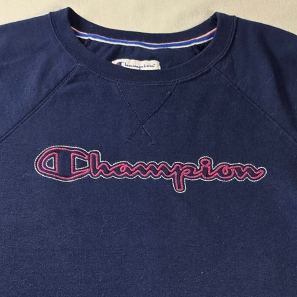 Champion Spell Out Script Crew Sweatshirt Navy L